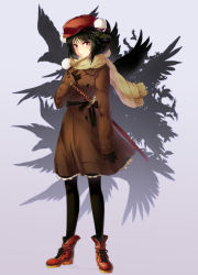 Rule 34 | 1girl, ankle boots, arm at side, bad id, bad pixiv id, beige scarf, belt, bird, black gloves, black hair, black pantyhose, black ribbon, black skirt, black wings, blush, boots, brown coat, cibo (killy), closed mouth, coat, crow, expressionless, feathers, flat cap, full body, gloves, grey background, hand on own chest, hat, mask, mask on head, pantyhose, pom pom (clothes), red eyes, red footwear, red hat, ribbon, scarf, shameimaru aya, sheath, sheathed, simple background, skirt, sleeves past wrists, solo, standing, sword, touhou, tsurime, weapon, wings