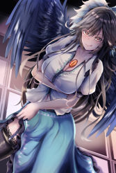 Rule 34 | 1girl, :q, arm under breasts, bird wings, black hair, black thighhighs, black wings, blush, breasts, cleavage, closed mouth, clothes lift, collared shirt, commentary request, cowboy shot, dutch angle, frilled shirt collar, frilled skirt, frills, garter straps, green skirt, hair between eyes, heart, highres, lace, lace-trimmed thighhighs, large breasts, lifting own clothes, long hair, looking at viewer, navel, niradama (nira2ratama), orange eyes, puffy short sleeves, puffy sleeves, reiuji utsuho, shirt, short sleeves, skirt, skirt lift, smile, solo, thighhighs, third eye, tongue, tongue out, touhou, white shirt, wings