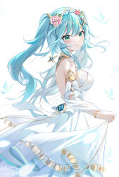 Rule 34 | 1girl, alternate costume, aqua hair, armlet, back bow, bare shoulders, blush, bow, bracelet, breasts, commentary request, cowboy shot, cross, crystalfly (genshin impact), dated, detached sleeves, dress, faruzan (genshin impact), floating hair, flower, frilled sleeves, frills, from side, genshin impact, green eyes, hair flower, hair ornament, highres, jewelry, long hair, looking at viewer, medium breasts, miaogujun, neck ring, parted lips, pink flower, pink rose, ring, rose, see-through, short sleeves, sideboob, sidelocks, simple background, skirt hold, smile, solo, symbol-shaped pupils, triangle-shaped pupils, twintails, wedding dress, white background, white bow, white dress, white sleeves, x hair ornament