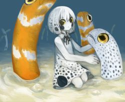 Rule 34 | 1girl, black eyes, colored sclera, eel, kumauwo, looking at viewer, original, pale skin, personification, sand, sitting, sketch, sleeveless, solo, underwater, white hair, yellow sclera