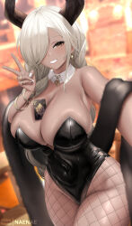 Rule 34 | 1girl, alternate costume, azur lane, bare shoulders, between breasts, black horns, black leotard, blurry, blurry background, blush, braid, breasts, brown eyes, card, cleavage, commentary, detached collar, earrings, feather boa, fishnet pantyhose, fishnets, fouriasensei, grey hair, hair over one eye, hand up, highres, horns, jewelry, large breasts, leotard, long hair, looking at viewer, one eye covered, owari (azur lane), pantyhose, playboy bunny, playing card, ring, smile, solo, thighs, twin braids, v