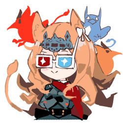 Rule 34 | 1girl, 3d glasses, alchemaniac, animal ears, archetto (arknights), arknights, black dress, blonde hair, blue eyes, chibi, commentary, dress, highres, long hair, red eyes, simple background, solo, symbol-only commentary, tail, upper body, white background