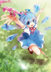 Rule 34 | 1girl, :d, ahoge, arms up, black hair, blue bow, blue dress, blue eyes, blue hair, blurry, bow, brown footwear, cirno, depth of field, dress, eyebrows, fang, flower, foreshortening, frilled sleeves, frills, from above, full body, grass, hair between eyes, hair bow, highres, ice, ice wings, looking at viewer, matching hair/eyes, natsuki (ukiwakudasai), neck ribbon, open mouth, outdoors, palms, pinafore dress, plant, red ribbon, ribbon, shade, shirt, shoes, short hair, short sleeves, sleeveless dress, smile, socks, solo, touhou, white shirt, white socks, wings
