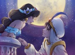 Rule 34 | 1boy, 1girl, aladdin (character), aladdin (disney), artist name, bare shoulders, black hair, blouse, blue shirt, breasts, brown eyes, brown hair, commentary request, dark skin, dated, disney, earrings, feathers, flower, hair flower, hair ornament, hat, highres, ika (4801055), jasmine (disney), jewelry, long hair, looking at another, moon, multi-tied hair, shirt, small breasts, smile, white headwear