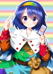 Rule 34 | 1girl, ability card (touhou), bag, belt, blue background, blue dress, blue hair, blue hairband, blue sky, blush, brown bag, brown belt, brown hairband, buttons, card, cloak, cloud, cloud print, cloudy sky, collarbone, dress, green background, green dress, green hairband, hair between eyes, hairband, hands up, highres, holding, holding card, index finger raised, long sleeves, looking at viewer, multicolored background, multicolored clothes, multicolored dress, multicolored hairband, one-hour drawing challenge, orange background, orange dress, patchwork clothes, pink background, puffy long sleeves, puffy sleeves, purple background, purple dress, purple eyes, purple hairband, rainbow gradient, red dress, ruu (tksymkw), short hair, sky, sky print, smile, solo, standing, tenkyuu chimata, touhou, white cloak, wing collar, yellow background, yellow dress, yellow hairband, zipper