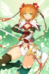 Rule 34 | 1girl, arm guards, black thighhighs, blonde hair, brown hair, flower, green eyes, hair flower, hair ornament, holding, holding sword, holding weapon, leotard, looking at viewer, official art, open mouth, red flower, sangoku romance, short hair with long locks, sidelocks, solo, sword, thighhighs, thighs, weapon, white leotard, yangsion