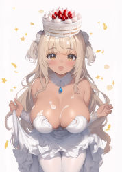 Rule 34 | 1girl, :d, blonde hair, blush, breasts, cake, character request, cleavage, copyright request, dark-skinned female, dark skin, eyebrows hidden by hair, food, highres, jewelry, kim hyung tae, large breasts, long hair, looking at viewer, necklace, open mouth, pantyhose, smile, white pantyhose, yellow eyes