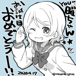 Rule 34 | 1girl, birthday, blue background, blush, chibi, commentary, dated, greyscale with colored background, grin, looking at viewer, love live!, love live! sunshine!!, mezashi (mezamashi set), one eye closed, salute, school uniform, short hair, signature, smile, solo, translation request, twitter username, upper body, uranohoshi school uniform, watanabe you