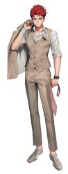 Rule 34 | 1boy, absurdres, artist request, bad source, black survival, brown eyes, closed mouth, earrings, formal, full body, grey footwear, grey pants, highres, holding necktie, hyunwoo (black survival), jacket, jewelry, looking at viewer, male focus, necktie, official alternate costume, official art, pants, pink necktie, red hair, scar, shirt, shoes, short hair, simple background, solo, standing, suit, suit jacket, transparent background, unworn jacket, unworn necktie, waistcoat, watch, white shirt, wristwatch