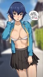 Rule 34 | 1girl, bandeau, black eyes, black skirt, blue hair, blue shirt, blue sky, blurry, blurry background, breasts, cleavage, commentary, cowboy shot, day, highres, large breasts, lepypepy, long sleeves, looking at viewer, midriff, miniskirt, navel, open clothes, open shirt, outdoors, persona, persona 4, pink lips, pleated skirt, shirogane naoto, shirt, short hair, skirt, sky, solo, speech bubble, standing, thighs