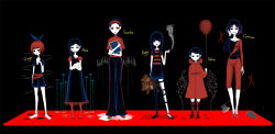Rule 34 | 6+girls, albino, axe, balloon, barbed wire, belt, black hair, boots, bow, carmen (the path), choker, cigarette, circular saw, collar, dress, ginger (the path), goth fashion, hair bow, hairband, highres, little red riding hood, multi head, multiple girls, multiple heads, nona drops, pale skin, paper, paw print, piano keys, rabbit, red hair, robin (the path), rose (the path), ruby (the path), saw, scarlet (the path), short hair, siblings, single thighhigh, sisters, skirt, smile, smoke, spoilers, stuffed animal, stuffed toy, teddy bear, the path, thighhighs, treadmarks, weapon