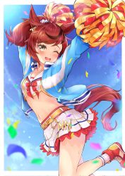 Rule 34 | 1girl, animal ears, arms up, belt, blue jacket, blush, breasts, confetti, corrupted twitter file, cropped jacket, foot out of frame, high tops, highres, holding, holding pom poms, horse ears, horse girl, horse tail, jacket, layered skirt, looking at viewer, medium hair, midriff, multicolored hair, navel, nice nature (run&amp;win) (umamusume), nice nature (umamusume), one eye closed, open clothes, open jacket, open mouth, outstretched arms, peteron, pom pom (cheerleading), pom poms, ponytail, sailor collar, shirt, shoes, skirt, small breasts, sneakers, socks, solo, streaked hair, sweat, tail, umamusume, white shirt, white skirt, yellow eyes
