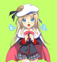 Rule 34 | 1girl, blonde hair, blue eyes, bow, cape, cowboy shot, fang, green background, little busters!, long hair, looking at viewer, noumi kudryavka, open mouth, pink bow, plaid, plaid skirt, satomi yoshitaka, school uniform, simple background, skirt, smile, solo, thighhighs, white thighhighs