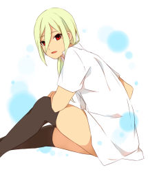 Rule 34 | 1boy, afuro terumi, black thighhighs, blonde hair, inazuma eleven (series), inazuma eleven go, long hair, looking at viewer, male focus, no pants, ponytail, red eyes, sekina, sitting, solo, thighhighs