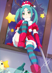 Rule 34 | 1girl, antlers, aqua hair, bad id, bad pixiv id, blush, boots, bottle, broken glass, dress, elbow gloves, expressionless, fur-trimmed dress, fur-trimmed gloves, fur-trimmed headwear, fur trim, gesugesu ahoaho, glass, glass bottle, gloves, green eyes, hat, holding, horns, light blush, looking at viewer, miniskirt, monogatari (series), night, night sky, ononoki yotsugi, panties, pantyshot, parted bangs, pointy ears, red gloves, red hat, red skirt, santa costume, santa hat, short eyebrows, sitting, skirt, sky, solo, star (sky), star (symbol), starry sky, striped clothes, striped panties, striped thighhighs, stuffed animal, stuffed toy, thighhighs, thighs, twintails, underwear, weapon, window