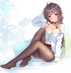 Rule 34 | 1girl, absurdres, arm at side, arm up, bare shoulders, bed sheet, black choker, blurry, blurry background, blush, breasts, brown hair, brown pantyhose, choker, cleavage, closed mouth, commentary request, dress shirt, full body, highres, juke, knees up, long hair, long sleeves, looking at viewer, medium breasts, mole, mole under eye, navel, no bra, off shoulder, orange eyes, original, pantyhose, partially unbuttoned, pillow, shirt, sitting, sleeves past wrists, smile, solo, white shirt