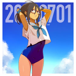 Rule 34 | 1girl, black hair, blue eyes, blue one-piece swimsuit, blue sky, cloud, commentary request, covered navel, dated, glasses, harada yuuichi, holding, holding own hair, looking at viewer, medium hair, one-piece swimsuit, original, parted lips, sailor collar, sailor shirt, school swimsuit, school uniform, serafuku, shirt, sky, solo, swimsuit, swimsuit under clothes, white sailor collar, white shirt