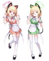 Rule 34 | 2girls, alternate costume, animal ear headphones, animal ears, apron, black footwear, blonde hair, blue archive, blue bow, blush, bow, cat cutout, cat ears, cat tail, claw pose, cleavage cutout, clothing cutout, detached collar, dress, fake animal ears, fake tail, full body, green dress, green eyes, hair bow, halo, headphones, highres, looking at viewer, low-tied sidelocks, maid, mannack, medium hair, midori (blue archive), momoi (blue archive), multiple girls, open mouth, orange dress, parted lips, paw pose, pink eyes, red bow, sash, shoes, short dress, siblings, simple background, sisters, tail, teeth, thighhighs, upper teeth only, waist apron, white background, white thighhighs, wrist cuffs, zettai ryouiki