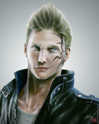 Rule 34 | 1boy, blue eyes, facial tattoo, final fantasy, final fantasy viii, highres, jacket, leather, leather jacket, male focus, realistic, solo, tattoo, upper body, zell dincht