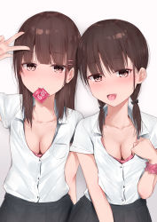 Rule 34 | 2girls, :d, arm up, bad id, bad pixiv id, black skirt, blush, bra, breasts, brown eyes, brown hair, cleavage, collarbone, collared shirt, commentary request, condom, condom in mouth, condom wrapper, dress shirt, fang, hair ornament, hair over shoulder, hairclip, hand up, highres, kanju, long hair, looking at viewer, low twintails, medium breasts, mole, mole under eye, mouth hold, multiple girls, open mouth, original, pink bra, pleated skirt, scrunchie, shirt, short sleeves, side-by-side, sidelocks, skirt, smile, twintails, underwear, upper body, w, white shirt, wrist scrunchie
