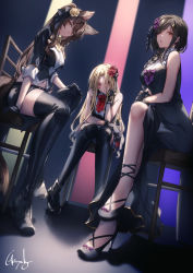 Rule 34 | 3girls, :o, animal ears, bare shoulders, black dress, black footwear, black gloves, black hair, black legwear, blonde hair, boots, breasts, chair, character request, copyright request, crossed legs, dress, flower, full body, genyaky, gloves, hair flower, hair ornament, high heels, highres, large breasts, long hair, looking at viewer, multiple girls, navel, open mouth, red eyes, sitting, sleeveless, thigh boots, thighhighs, thighs, virtual youtuber, yellow eyes
