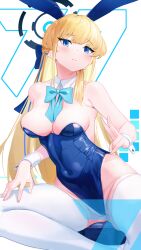 Rule 34 | 1girl, absurdres, animal ears, bare shoulders, blonde hair, blue archive, blue eyes, blue leotard, blush, bow, bowtie, braid, breasts, cleavage, detached collar, fake animal ears, french braid, halo, highleg, highleg leotard, highres, leotard, long hair, looking at viewer, medium breasts, nox13, playboy bunny, rabbit ears, solo, thighhighs, thighs, toki (blue archive), toki (bunny) (blue archive), white thighhighs, wrist cuffs