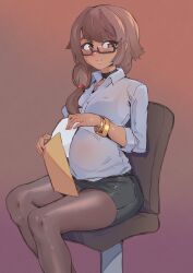 Rule 34 | 1girl, absurdres, bespectacled, black-framed eyewear, black choker, black skirt, blush, bracelet, brown eyes, brown pantyhose, cafin, chair, choker, collared shirt, dress shirt, feet out of frame, female focus, glasses, highres, holding, jewelry, league of legends, looking at viewer, multicolored background, pantyhose, pregnant, semi-rimless eyewear, shiny clothes, shirt, sitting, skirt, smile, solo, taliyah, teeth