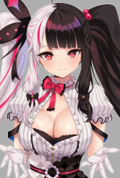 Rule 34 | 1girl, black hair, blush, bow, bowtie, breasts, butterfly hair ornament, center frills, cleavage, cleavage cutout, closed mouth, clothing cutout, dress, frills, fuooooo, gloves, grey background, hair bobbles, hair ornament, hands up, highres, large breasts, looking at viewer, multicolored hair, nijisanji, open hands, puffy short sleeves, puffy sleeves, red bow, red bowtie, red eyes, red hair, short sleeves, sidelocks, simple background, smile, solo, split-color hair, streaked hair, striped clothes, twintails, two-tone dress, upper body, vertical-striped clothes, white dress, white gloves, white hair, yorumi rena, yorumi rena (1st costume)