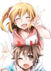 Rule 34 | 1boy, 1girl, :d, ^ ^, amamiya hibiya, bad id, bad pixiv id, blonde hair, blush, breast rest, breasts, breasts on head, brown eyes, brown hair, closed eyes, hibiya (kagerou project), hood, hoodie, ichinose yukino, kagerou project, kisaragi momo, large breasts, long hair, one eye closed, one side up, open mouth, otsukimi recital (vocaloid), scrunchie, short hair, side ponytail, simple background, smile, v, vocaloid, white background