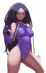 Rule 34 | 1girl, alternate costume, black hair, breasts, closed mouth, commentary request, covered collarbone, covered navel, creatures (company), dated, douhao (cmza8875), elbow gloves, eyelashes, game freak, geeta (pokemon), gloves, hand up, highleg, highleg leotard, highres, large breasts, leotard, long hair, neck ribbon, nintendo, parted bangs, pokemon, pokemon sv, purple eyes, purple gloves, purple leotard, ribbon, signature, solo, split mouth, thighs, yellow ribbon