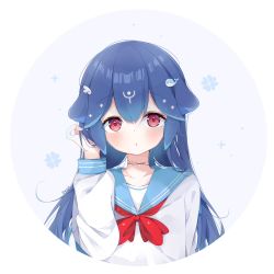 Rule 34 | 1girl, bao (vtuber), blue background, blue hair, blue sailor collar, blush, bow, closed mouth, collarbone, commentary, cropped torso, deyui, english commentary, hair between eyes, hair ornament, hand up, highres, indie virtual youtuber, long hair, long sleeves, looking at viewer, red bow, red eyes, sailor collar, school uniform, serafuku, shirt, signature, solo, two-tone background, upper body, very long hair, virtual youtuber, whale hair ornament, white background, white shirt, wing hair ornament