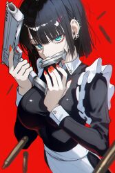 1girl absurdres black_hair blue_eyes blunt_bangs commentary ear_piercing earrings fingernails gun hair_between_eyes hair_ornament hairclip highres holding holding_gun holding_weapon jewelry looking_at_viewer maid nail_polish noubin original piercing red_background red_nails short_hair sidelocks simple_background solo upper_body weapon