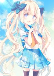 Rule 34 | 1girl, ahoge, black thighhighs, blonde hair, blue bow, blue eyes, blue sailor collar, bow, commentary request, hair bow, hair ornament, long hair, looking at viewer, neckerchief, open mouth, original, own hands clasped, own hands together, pleated skirt, sailor collar, school uniform, serafuku, short sleeves, skirt, smile, solo, standing, thighhighs, twintails, waist bow, wavy hair, yamadori yoshitomo, yellow neckerchief