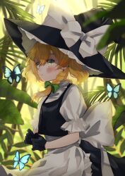 Rule 34 | 1girl, animal, apron, black gloves, black hat, black skirt, black vest, blonde hair, blue butterfly, blush, bow, braid, bug, butterfly, closed mouth, gloves, hair between eyes, hat, hat bow, highres, insect, kirisame marisa, long hair, outdoors, shirt, short sleeves, single braid, skirt, solo, touhou, uchisaki himari, vest, waist apron, white apron, white bow, white shirt, witch hat, yellow eyes