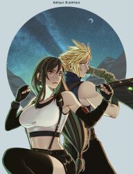 Rule 34 | 1boy, 1girl, armpit crease, artist name, back-to-back, bare shoulders, black gloves, black hair, black skirt, black sports bra, black thighhighs, blonde hair, blue eyes, breasts, buster sword, clenched hands, closed mouth, cloud strife, cowboy shot, crescent moon, crop top, earrings, elbow gloves, feet out of frame, fighting stance, final fantasy, final fantasy vii, final fantasy vii rebirth, final fantasy vii remake, fingerless gloves, glint, gloves, highres, holding, holding sword, holding weapon, jewelry, katsuartsu, knee up, large breasts, lips, long hair, low-tied long hair, materia, midriff, moon, mountain, navel, night, night sky, red eyes, red lips, short hair, skirt, sky, sleeveless, sleeveless turtleneck, spiked hair, sports bra, star (sky), starry sky, suspender skirt, suspenders, sweater, sword, tank top, teardrop earrings, thighhighs, tifa lockhart, turtleneck, turtleneck sweater, weapon, white tank top