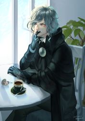 Rule 34 | + +, 1boy, black gloves, chair, cigarette, cloak, coffee, coffee cup, collared shirt, cup, disposable cup, edmond dantes (fate), fate/grand order, fate (series), gloves, highres, crossed legs, long sleeves, looking at viewer, medallion, plant, potted plant, shirt, sitting, smoking, spoon, sugar cube, sugar tongs, symbol-shaped pupils, wa (87s-87), white hair, yellow eyes
