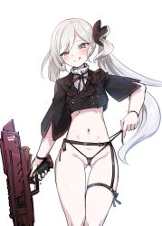 Rule 34 | 1girl, :q, absurdres, bangs, black bow, black jacket, black panties, blue archive, blush, bow, closed mouth, commentary request, cropped jacket, gluteal fold, groin, gun, hair bow, harigane shinshi, highres, holding, holding gun, holding weapon, jacket, micro panties, mutsuki (blue archive), navel, no pants, panties, purple eyes, short hair, side-tie panties, side ponytail, silver hair, simple background, smile, solo, swept bangs, thigh gap, tongue, tongue out, underwear, weapon, white background