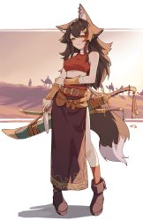 Rule 34 | 1girl, absurdres, animal ears, ankle boots, arm guards, bare shoulders, belt, belt buckle, black footwear, black hair, black skirt, boots, breasts, buckle, camel, closed mouth, crop top, dagger, desert, full body, hand on own arm, highres, holding, holding dagger, holding knife, holding weapon, hololive, jl tan, kneehighs, knife, long hair, looking at viewer, medium breasts, multicolored hair, ookami mio, outside border, pelvic curtain, red hair, red socks, sheath, sheathed, silhouette, skirt, smile, socks, solo focus, standing, streaked hair, sword, tail, two-tone hair, virtual youtuber, weapon, weapon on back, wolf ears, wolf girl, wolf tail, yellow eyes
