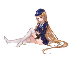 Rule 34 | 1girl, 96dgd, adjusting clothes, adjusting legwear, badge, blue hat, blue neckwear, blue skirt, blush, brown hair, buckle, closed mouth, collared shirt, dungeon and fighter, emblem, feet, frown, full body, gloves, gun, hair ornament, hairclip, hat, highres, holster, knee up, long hair, long sleeves, looking down, miniskirt, necktie, no shoes, pleated skirt, pointy ears, police, police hat, police uniform, policewoman, red eyes, shirt, simple background, sitting, skirt, thigh holster, thighhighs, thighs, uniform, very long hair, weapon, white background, white gloves, white shirt, white thighhighs, wing collar