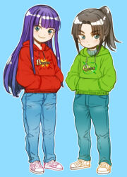 Rule 34 | 2girls, aged down, aoba (smartbeat), black hair, blue eyes, blue pants, breasts, buster shirt, child, denim, drawstring, fate/grand order, fate (series), full body, green sweater, hands in pockets, hood, hooded sweater, jeans, long hair, long sleeves, looking at viewer, martha (fate), multiple girls, pants, parted bangs, ponytail, purple hair, quick shirt, red sweater, shoes, sidelocks, small breasts, smile, sneakers, sweater, ushiwakamaru (fate)