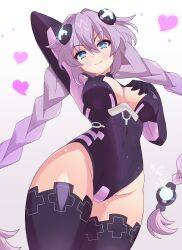 Rule 34 | 1girl, absurdres, arm behind head, arm up, black gloves, black leotard, blue eyes, blush, bodysuit, boots, braid, breasts, choujigen game neptune, cleavage, cleavage cutout, clothing cutout, compile heart, covered navel, cowboy shot, curvy, d-pad, d-pad hair ornament, from below, gloves, hair ornament, hairclip, hand on own chest, headgear, heart, highres, idea factory, large breasts, legs, leotard, long hair, looking at viewer, neck, neptune (neptunia), neptune (series), power symbol, purple hair, purple heart (neptunia), seductive smile, skin tight, smile, solo, symbol-shaped pupils, thick thighs, thigh boots, thighs, twin braids, twintails, very long hair, wide hips