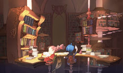 Rule 34 | 1boy, 1girl, ahoge, blue hair, book, book stack, bookshelf, braid, candlestand, chair, door, fantasy, highres, holding, holding paper, indoors, library, office chair, original, paper, pink hair, sitting, swivel chair, table, zazagi