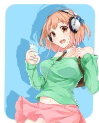 Rule 34 | 1girl, bag, breasts, brown eyes, brown hair, hataraku maou-sama!, headphones, large breasts, minami machi, open mouth, sasaki chiho, short hair, short twintails, simple background, skirt, solo, twintails, two side up