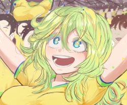 Rule 34 | 1girl, :d, arms up, blue eyes, boku no hero academia, crowd, green hair, hagakure tooru, invisible, jersey, light green hair, luizhtx, messy hair, open mouth, people, smile, soccer, solo focus, stadium, unusually visible