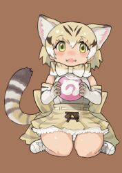 Rule 34 | 1girl, animal ears, blonde hair, bow, bowtie, brown background, cat ears, cat girl, cat tail, eating, elbow gloves, extra ears, food, gloves, green eyes, highres, japari bun, kemono friends, looking at viewer, rinx, sand cat (kemono friends), shirt, shoes, short hair, simple background, skirt, sleeveless, sleeveless shirt, solo, tail