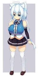 Rule 34 | 1girl, animal ears, blue eyes, blush, breasts, cat ears, cat girl, expressionless, felt whitesnow, female focus, full body, highres, large breasts, loafers, looking at viewer, original, sawati, shoes, short hair, short hair with long locks, simple background, solo, tail, thighhighs, white hair, white thighhighs