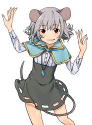Rule 34 | 1girl, animal ears, capelet, gem, grey hair, grin, jewelry, long sleeves, mouse ears, mouse tail, nazrin, neckerchief, pendant, red eyes, see-through, shirt, simple background, skirt, smile, solo, tail, touhou, toujou (toujou ramen)
