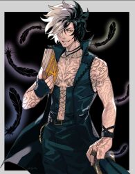 Rule 34 | 1boy, bare shoulders, belt, black hair, book, cane, devil may cry (series), devil may cry 5, feathers, fingerless gloves, full-body tattoo, gloves, grey eyes, grin, hair over one eye, highres, holding, holding book, jewelry, looking at viewer, male focus, multicolored hair, necklace, ring, single glove, smile, solo, split-color hair, tattoo, tirtyturtle, v (devil may cry), white hair, wind