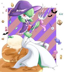 Rule 34 | 1girl, bat (animal), border, bow, bridal garter, candy, chocolate, chocolate heart, clothed pokemon, colored skin, creatures (company), female focus, food, fork, full body, game freak, gardevoir, gen 3 pokemon, green hair, green skin, halloween, hands up, hat, heart, highres, ice cream, licking lips, lollipop, looking at viewer, macaron, muguet, multicolored skin, nintendo, pancake, pink bow, pink ribbon, pokemon, pokemon (creature), purple hat, red eyes, ribbon, shawl, short hair, simple background, sitting, smile, solo, syrup, tongue, tongue out, two-tone skin, white border, white skin, witch hat