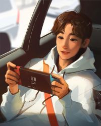 Rule 34 | 1boy, asian, brown eyes, brown hair, car interior, commentary, drawstring, english commentary, got7, hair behind ear, handheld game console, highres, holding, holding handheld game console, hood, hoodie, k-pop, male focus, mark tuan, nintendo switch, parted lips, real life, sam yang, sitting, smile, solo, vehicle interior, white hoodie